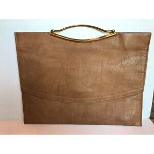 Vintage Tan Leather Flat Purse Envelop Handbag Gold Handle Brass Snap Closure